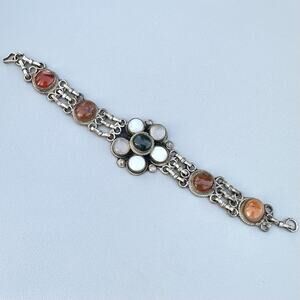 Vintage Boho Etruscan Revival Style Bracelet Agate Gems Cabs Silver Tone Ethnic